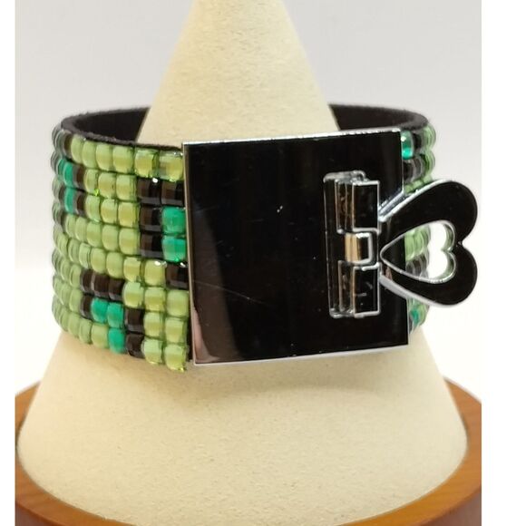 Vintage Wide Statement Rhinestone Wrap Bracelet with Large Heart Fold Over Clasp - Picture 1 of 6